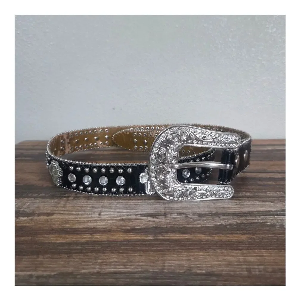 Rhinestone Woman's Bling Cross Black Western Belt Silver Buckle